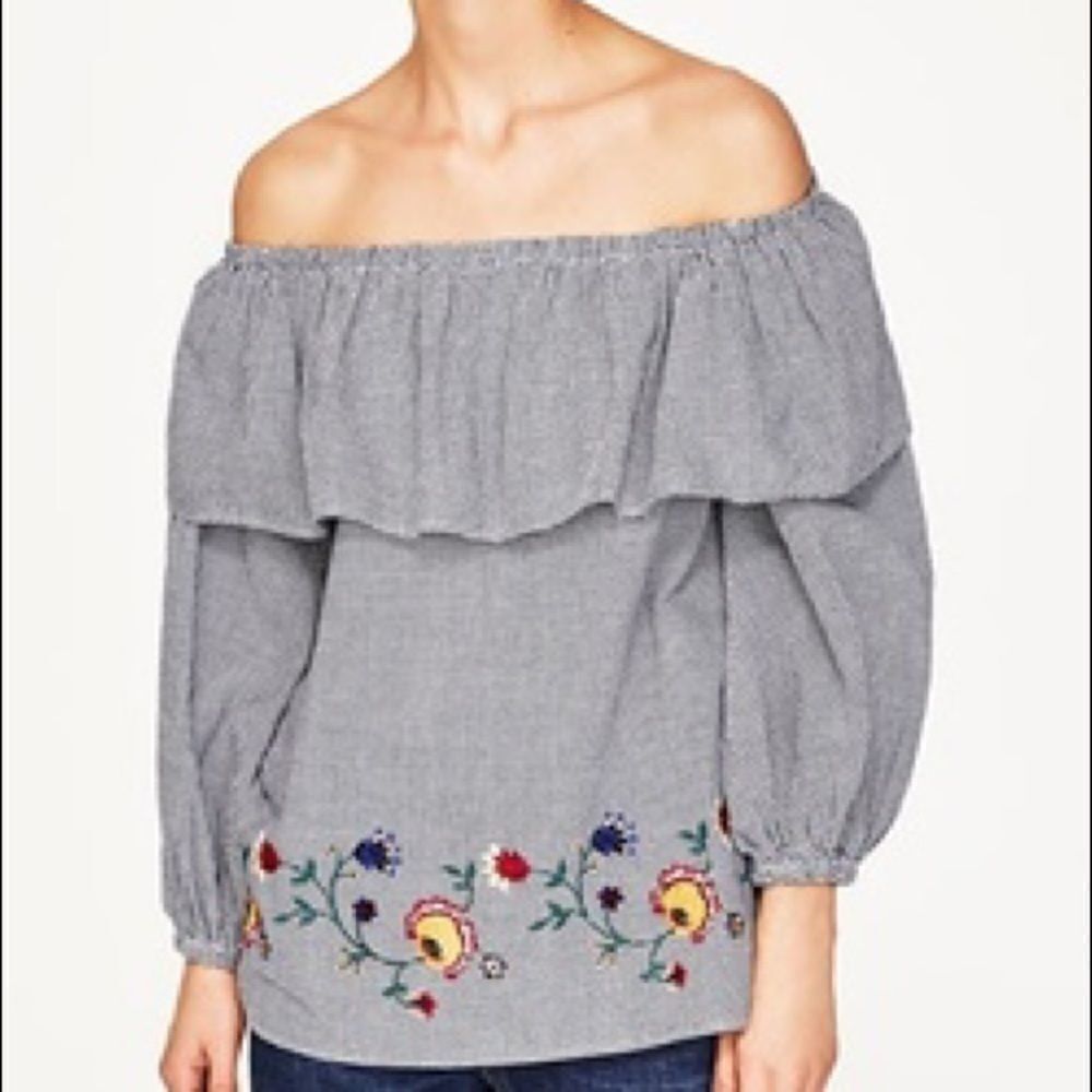 Zara EMBROIDERED GINGHAM  COTTON BLOUSE C15‎